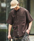 速乾素材 リラックスフィット バンドカラーシャツ ショートスリーブ リネン風