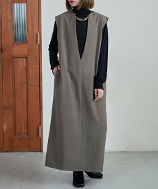 【SALE／50%OFF】FashionLetter 深Vネックジャンパースカート オールインワン ビーフラット ワンピース・ドレス ジャンパースカート ブラウン ホワイト