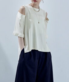 etoll. ショルダーオープンハーフスリーブT ビーフラット トップス カットソー・Tシャツ ホワイト ブラック グレー カーキグリーン