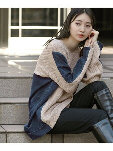 【SALE/20%OFF】Bou Jeloud 柄編みデニムコンビニットプルオーバー ブージュルード ニット 長袖ニット ベージュ ブラウン ネイビー【送料無料】