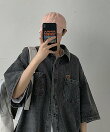 オーバーサイズ ビッグシルエット 半袖 デニムシャツジャケット メンズ レディース