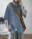 オーバーサイズ ビッグシルエット 半袖 デニムシャツジャケット メンズ レディース