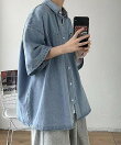 オーバーサイズ ビッグシルエット 半袖 デニムシャツジャケット メンズ レディース