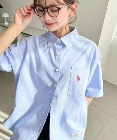 moment+ U.S.POLO ASSN.ワンポイント刺繍半袖オックスシャツ モーメントプラス トップス シャツ・ブラウス ピンク イエロー ホワイト ブルー【送料無料】