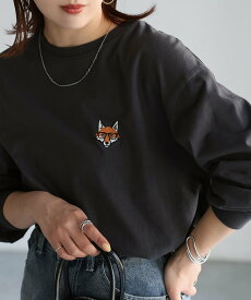 【SALE／36%OFF】Riberry めがねキツネ胸刺繍ロンT リベリー トップス カットソー・Tシャツ ホワイト グレー