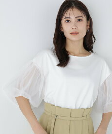 NATURAL BEAUTY BASIC チュールドッキングカットソー ナチュラルビューティベーシック トップス カットソー・Tシャツ ホワイト ブラック グレー【送料無料】