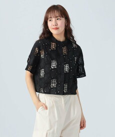 BEAMS HEART WOMEN 【洗濯機洗い可】コードレース ノーカラー シャツ 25SS 半袖 ビームス ハート トップス シャツ・ブラウス ホワイト ブラック【送料無料】