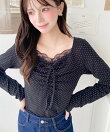 無地*ドット*花柄フロントレースギャザーリボン長袖トップス