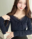 無地*ドット*花柄フロントレースギャザーリボン長袖トップス