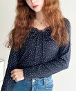 無地*ドット*花柄フロントレースギャザーリボン長袖トップス