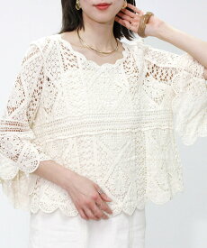 【SALE／3%OFF】mitis mitis/(W)クロシェレースプルオーバー リラクロ トップス ニット ベージュ ホワイト ブラック