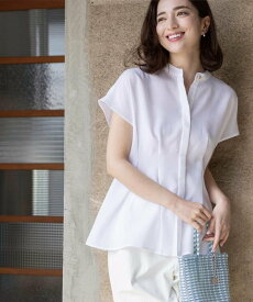 【SALE／30%OFF】OPAQUE.CLIP 【接触冷感/吸水速乾】リネンライク タックフレンチスリーブブラウス《洗濯機OK》 オペークドットクリップ トップス シャツ・ブラウス ネイビー パープル ホワイト