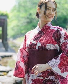 YEVS 水彩花柄 浴衣 作り帯付き 簡単着付け 平成レトロ レディース 2点セット イーブス 着物・浴衣・和装小物 浴衣 ワインレッド ピンク ブラック ブルー【送料無料】