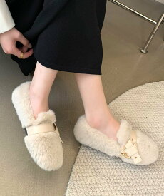 【SALE／54%OFF】Dewlily 【Dewlily】フェイクファーベルトシューズ アミュレット シューズ・靴 バレエシューズ ブラック ベージュ ホワイト