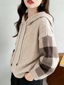 【SALE／40%OFF】Doux Belle ケーブル編みボーダー袖フード付きニット レディース ニット ドゥー・ベル トップス パーカー・フーディー レッド ベージュ