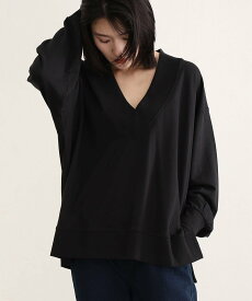 PourVous ミニ裏毛Vネックトップス カットソーきれいめトップス 長袖 ブラウス プールヴー トップス カットソー・Tシャツ ブラック カーキグリーン グレー【送料無料】