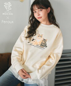 【SALE／50%OFF】Feroux 【猫カフェMOCHAコラボ】猫ちゃんプリント トレーナー フェルゥ トップス スウェット・トレーナー イエロー ピンク【送料無料】