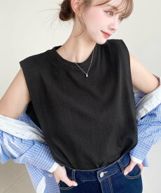 【SALE／43%OFF】moment+ 綿100%天竺 無地&ボーダー ショルダータック ノースリーブ Tシャツ モーメントプラス トップス ノースリーブ・タンクトップ ブラック ホワイト グレー