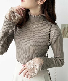 【SALE／18%OFF】GeeRA レース付ハイネックリブニットトップス ジーラ トップス ニット ブルー グリーン ホワイト レッド ブラック ベージュ ブラウン