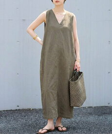 Rouge vif la cle 【2サイズ展開】【定番人気】麻混ノースリーブVネックワンピース/ポケット付き/コ ルージュ・ヴィフ ラクレ ワンピース・ドレス シャツワンピース ブラック ブラウン【送料無料】