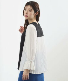 【SALE／51%OFF】grove 【洗える・体型カバー】袖口レース・バックプリーツトップス グローブ トップス カットソー・Tシャツ ネイビー ブラック
