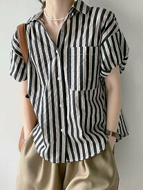 【SALE／35%OFF】Doux Belle ストライプシャツ レディース 半袖 ドゥー・ベル トップス シャツ・ブラウス グリーン ブラック