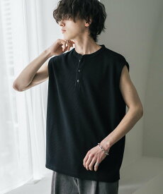 Rocky Monroe オーバーサイズ T/Cワッフルヘンリーネックタンクトップ ロッキーモンロー トップス ノースリーブ・タンクトップ ブラック ベージュ グレー ホワイト