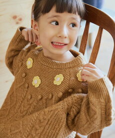 【SALE／20%OFF】BEAMS mini 【12/4新規値下げ】フラワー ケーブルニット プルオーバー 25AW(90~140cm) ビームス ミニ トップス ニット ホワイト ブラウン