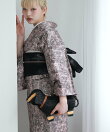 ニコアンティーク 単衣着物 レザー調きもの ピンク*黒