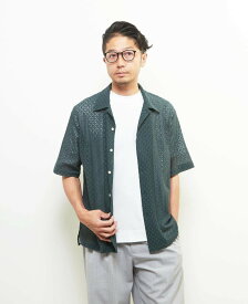 【SALE／50%OFF】MEN'S MELROSE テクスチャーメッシュオープンカラーシャツ メンズメルローズ トップス シャツ・ブラウス グリーン ブラック【送料無料】