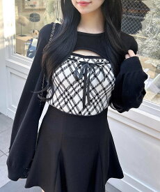 【SALE／10%OFF】INGNI 12Gチェック柄デコルテオープンニット イング トップス ニット ブラック