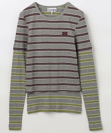 GANNI Soft Cotton Rib Long Sleeve Double Stripe フリークスストア トップス カットソー・Tシャツ ブルー【送料無料】