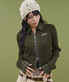 WEGO LADY'S チェックドッキングWジップニット ウィゴー トップス ニット カーキグリーン ブラック【送料無料】