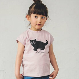 branshes 【Cat's ISSUE】黒ネコプリントフレンチスリーブTシャツ ブランシェス トップス カットソー・Tシャツ ピンク ホワイト グリーン