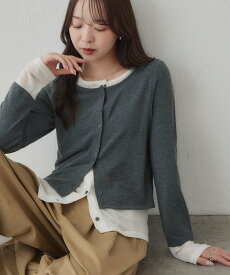 Discoat 【WEB限定】異素材ドッキングバイカラーカーディガン ディスコート トップス カットソー・Tシャツ ブラック グレー ブラウン ホワイト【送料無料】