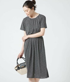 【SALE／20%OFF】NEWYORKER WOMEN 強撚スムースリーフプリント 半袖ワンピース ニューヨーカー ワンピース・ドレス ワンピース ブラック ネイビー【送料無料】