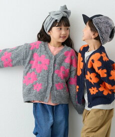 【SALE／10%OFF】CIAOPANIC TYPY 【KIDS】【ジュニアサイズあり】総柄フラワーニットカーデ《ユニセックス》 チャオパニックティピー トップス ニット グレー ネイビー ブルー【送料無料】