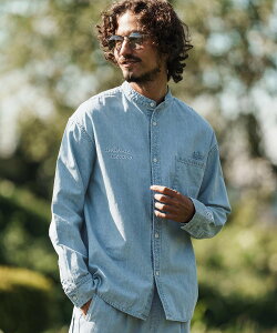 1minute 1second ms6322-cursive embroidery cotton-linen denim shirt �X�^���h�J���[�V���c �J���r�I �g�b�v�X �V���c�E�u���E�X �l�C�r�[�y���������z
