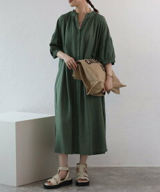 【SALE／45%OFF】mitis mitis/(W)綿麻ミックス 襟プリーツシャツワンピース リラクロ ワンピース・ドレス シャツワンピース ブルー ベージュ カーキグリーン グレー
