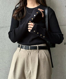 【SALE／20%OFF】andme 金ボタン 長袖 リブ ニット トップス【無地/ボーダー】 アンドミー トップス ニット ホワイト グレー ブラック ブルー ネイビー ベージュ レッド ブラウン