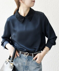 SHIPS any 《一部追加予約》SHIPS any:＜洗濯機可能＞サテン レースカラー ブラウス シップス トップス シャツ・ブラウス ネイビー ホワイト【送料無料】