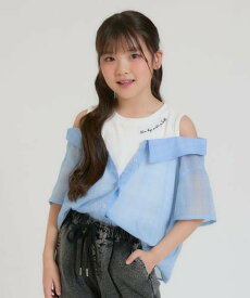 PINK-latte 肩あきシアーチェックドッキングシャツ ナルミヤオンライン トップス シャツ・ブラウス ホワイト ブルー ピンク【送料無料】
