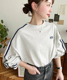moment+ 綿100%天竺ワンポイント刺繍配色カラーライン入りロンT モーメントプラス トップス カットソー・Tシャツ ピンク ホワイト グレー