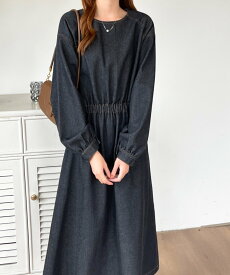 【SALE／25%OFF】emi+ ボリューム袖フレアデニムロングワンピース エミプラス ワンピース・ドレス ワンピース ブラック ブルー【送料無料】