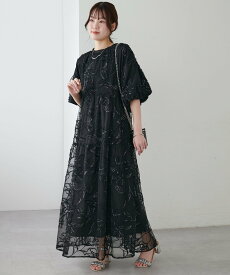 Discoat 【オケージョン】フェザーフラワー袖バルーンワンピース《前後2WAY》 ディスコート ワンピース・ドレス その他のワンピース・ドレス ブラック グレー【送料無料】