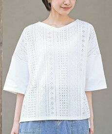 rps 刺繍風ジャガード切替6分袖カットプルオーバー アールピーエス トップス カットソー・Tシャツ ホワイト ブラック