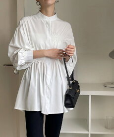 【SALE／80%OFF】emi+ ボリュームスリーブチュニックシャツワンピース エミプラス ワンピース・ドレス シャツワンピース ブラック ホワイト