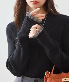 【SALE／19%OFF】Ranan Ranan/(W)シアーフリルハイネックリブニット ラナン トップス ニット レッド ネイビー ブラック ホワイト グレー