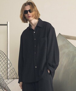 MAISON SPECIAL Frieren Stripe Prime-Over Regular Collar Shirt ���]���X�y�V���� �g�b�v�X �V���c�E�u���E�X �l�C�r�[ �u���b�N �x�[�W���y���������z