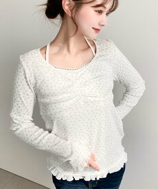 moment+ キャミレイヤード風長袖リブトップス モーメントプラス トップス カットソー・Tシャツ ブラック グレー イエロー ホワイト ネイビー